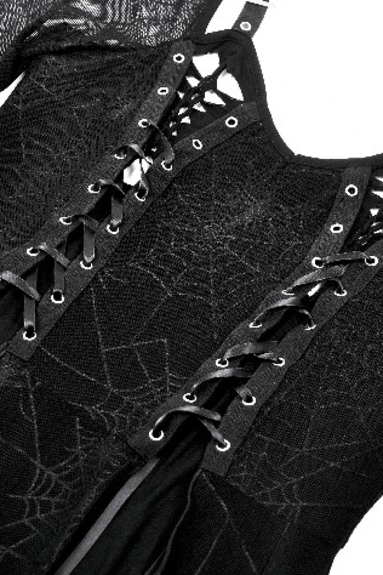 Black Long Sleeves Lace-Up Spiderweb Women's Gothic Elegant Witch Long Dress