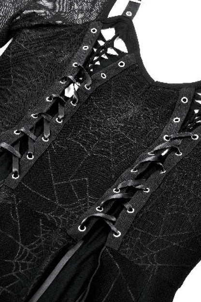 Black Long Sleeves Lace-Up Spiderweb Women's Gothic Elegant Witch Long Dress