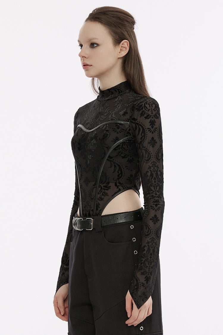 Black Imitation Leather Dividing Line Round Collar Long Sleeves Print Women's Punk Bodysuit