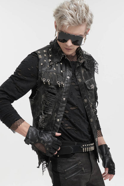Black Loose Non-Stretch Tie-Dye Decadent Snatched Skull Sheep Head Decoration Men's Punk Vest