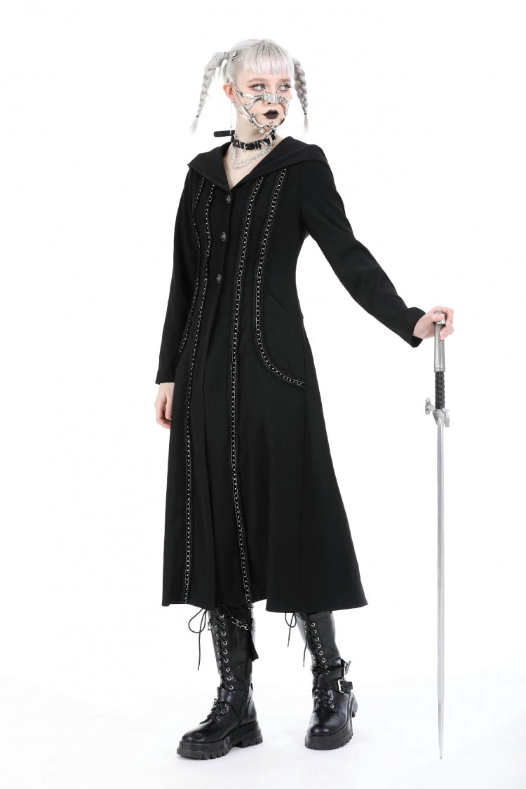 Black Long Sleeves Ruffled Lace-Up Women's Punk Long Jacket with Hood