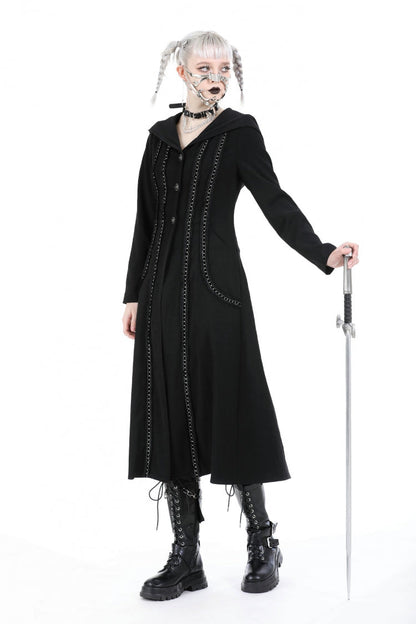 Black Long Sleeves Ruffled Lace-Up Women's Punk Long Jacket with Hood
