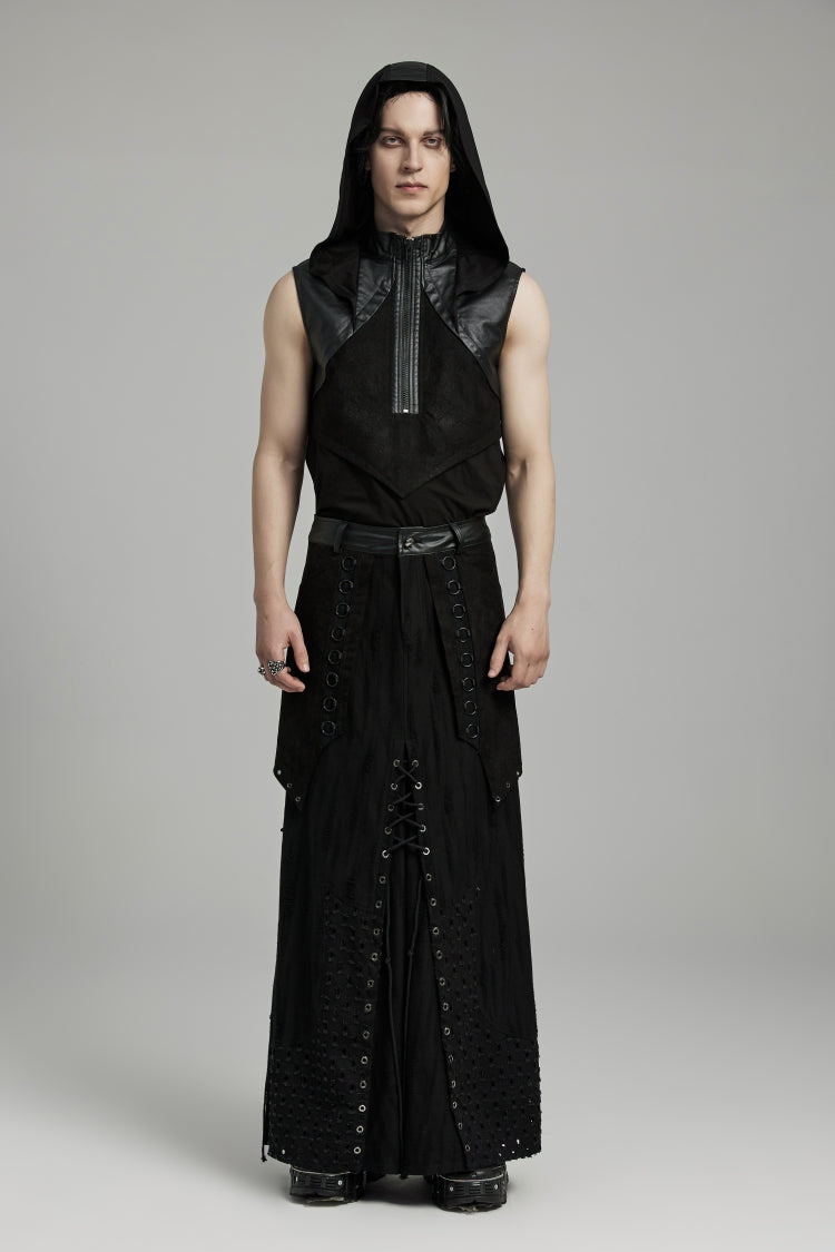 Black Lace-Up Ripped Eyelet Men's Punk Skirt