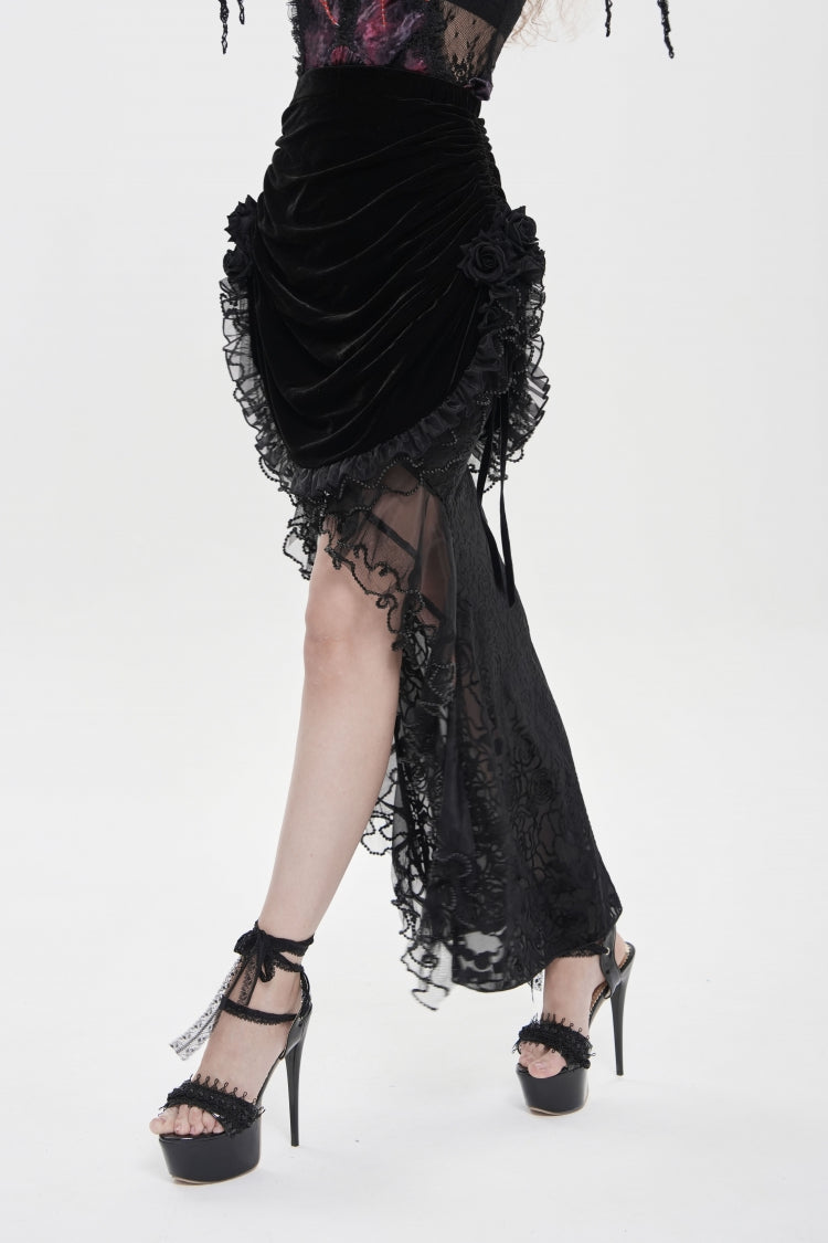 Black Embroidered Rose Lace-up Irregular Women's Gothic Hem Skirt