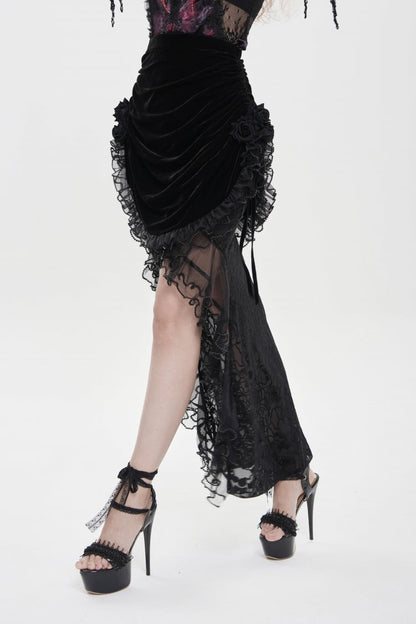 Black Embroidered Rose Lace-up Irregular Women's Gothic Hem Skirt