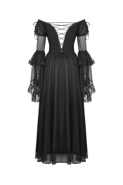 Black Off Shoulder Boat Neck Multi-Layered Long Trumpet Sleeves Lace Spliced Tulle Lace-Up Women's Gothic Fantasy Dress