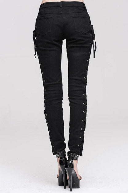 Black Lace Up Punk Classic Stretchy Womens Pants