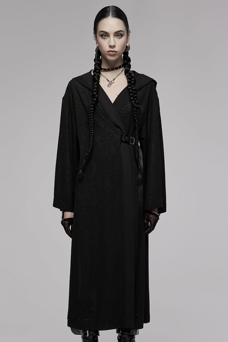 Black Dark Pattern Print Hooded Women's Gothic Coat