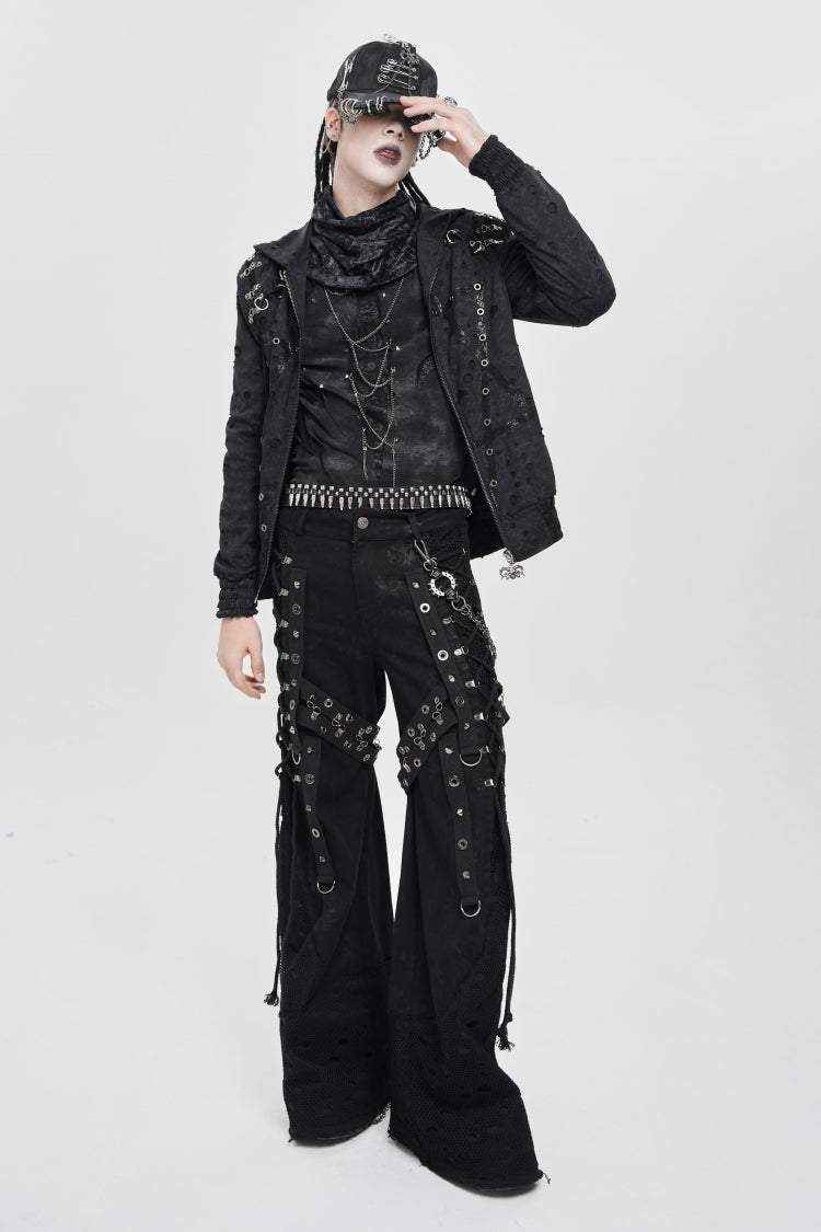Black Long Sleeves Hexagram Print Hooded Ripped Pleated Men's Punk Coat
