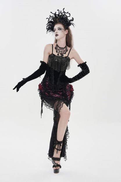 Black Lace-Up Women's Gothic Embroidered Tassels  Overbust Corset