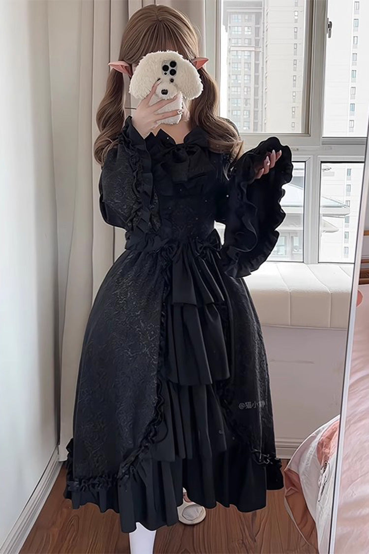Black Long Hime Sleeves Multi-Layered Ruffle Cardigan Bowknot Gothic Plus Size Lolita Dress