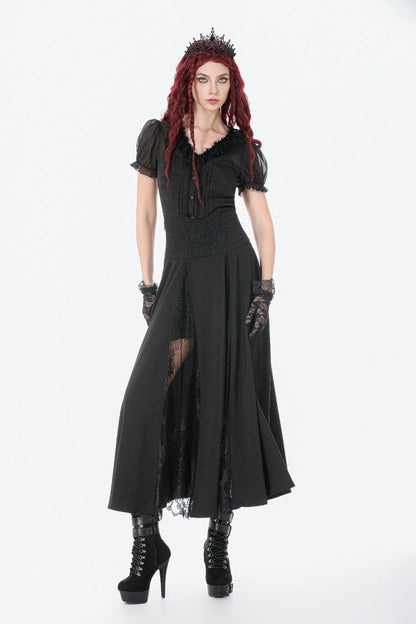 Black High Waisted Floral Printed Lace Mesh Women's Gothic Elegant Long Skirt