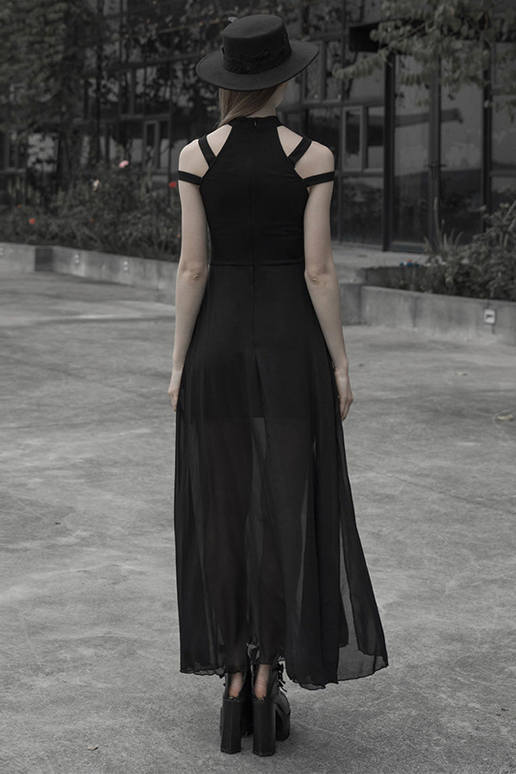 Black Lunar Printed Mesh Stitching Long Women's Gothic Dress
