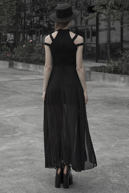 Black Lunar Printed Mesh Stitching Long Women's Gothic Dress