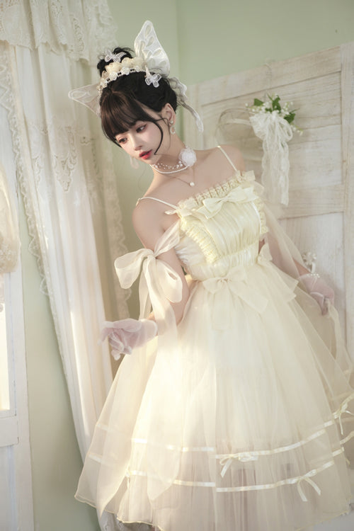 Beige Small Ballet High Waisted Bowknot Chiffon Long Version Sweet Lolita JSK Dress