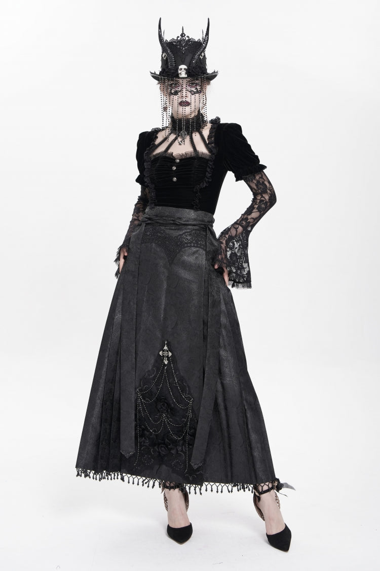 Black Floral Cross Embroidery Chain Women's Gothic Horse-face Long Skirt
