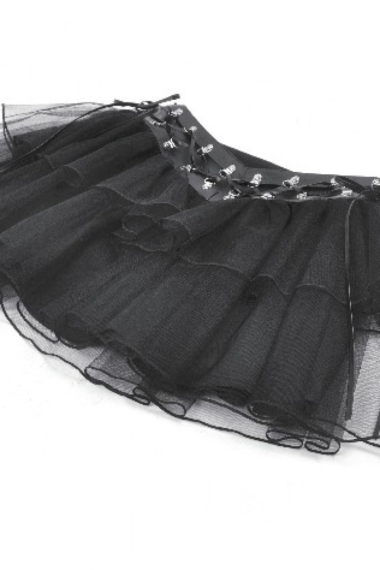 Black Multi-Layered Lace Mesh Women's Punk Short Skirt with D-Ring Ties Waist