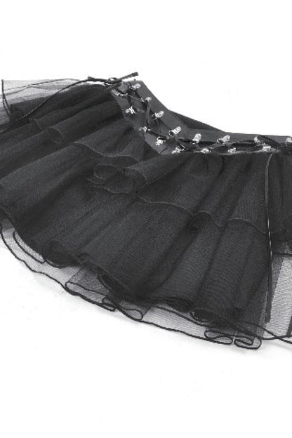 Black Multi-Layered Lace Mesh Women's Punk Short Skirt with D-Ring Ties Waist