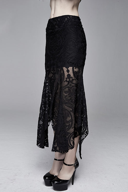 Black Irregular Hem Court Flocking Printed Mesh Sexy Package Hip Fishtail Gothic Skirt