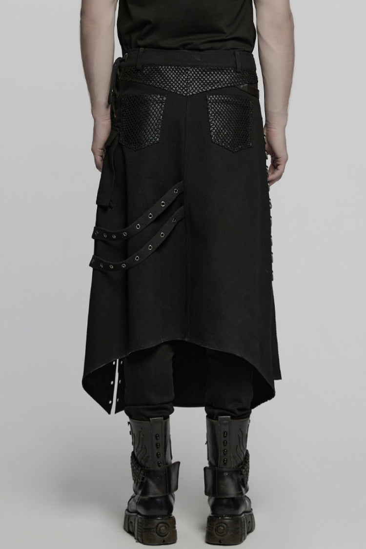 Black Faux Leather Stitching Lace-Up Irregular Mesh Men's Gothic Kilt