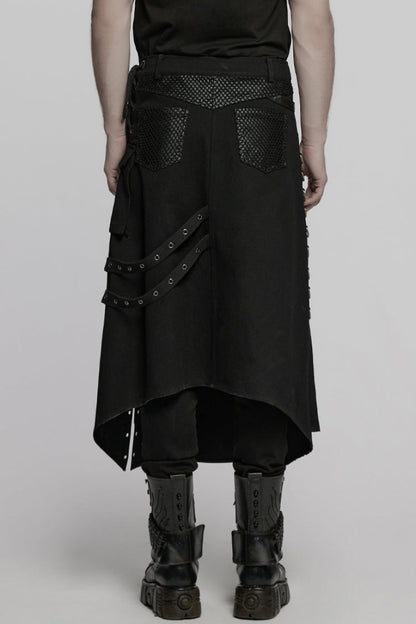 Black Faux Leather Stitching Lace-Up Irregular Mesh Men's Gothic Kilt