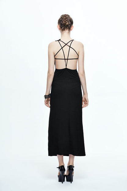Black Five Pointed Star Mid Length Womens Gothic Slip Dress