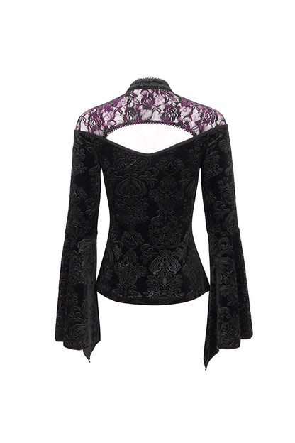 Black Cutout Flared Sleeved Floral Embossed Women's Gothic Shirt