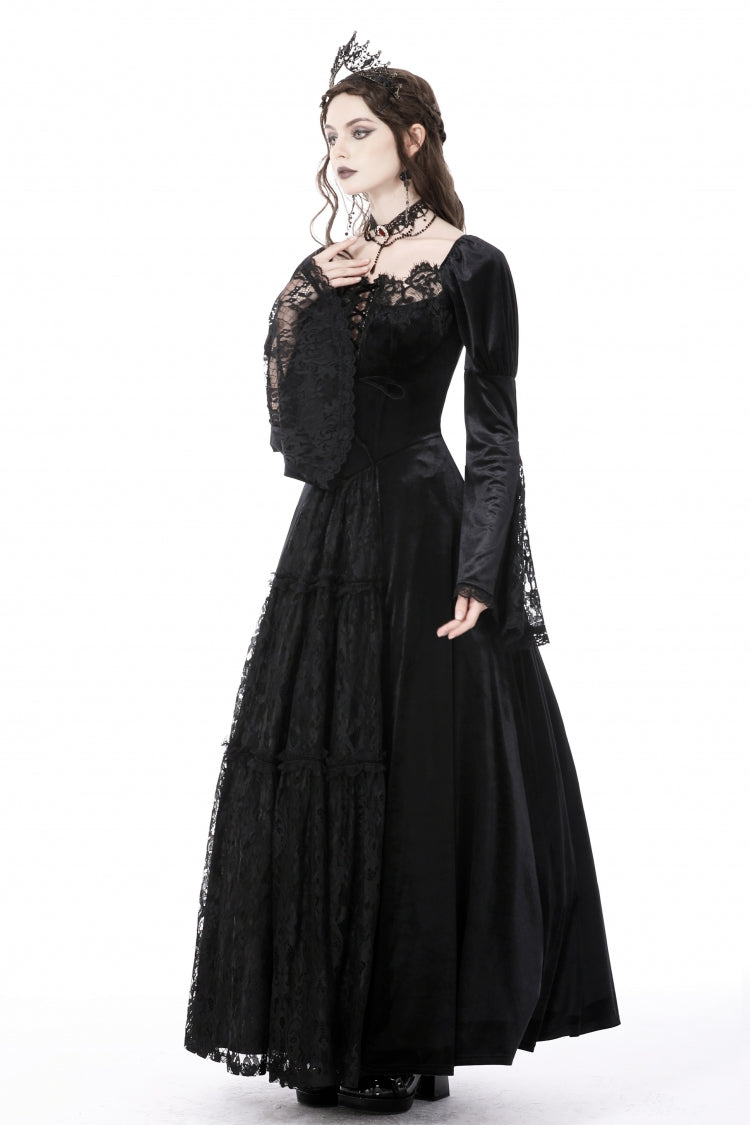 Black Long Puff Sleeves Spliced Lace Lace-Up Women's Gothic Vintage Velvet Wedding Dress