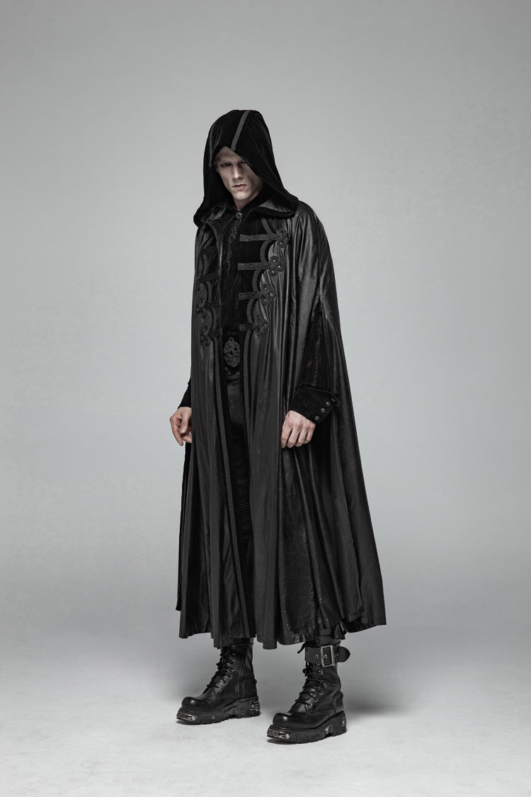 Black Print Embroidery Hooded Mens Gothic Coat Cloak