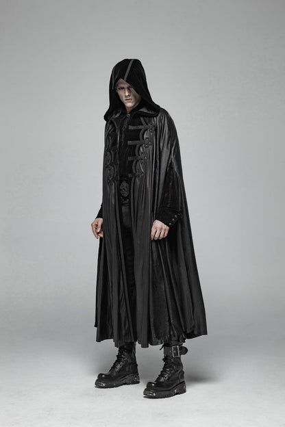 Black Print Embroidery Hooded Mens Gothic Coat Cloak