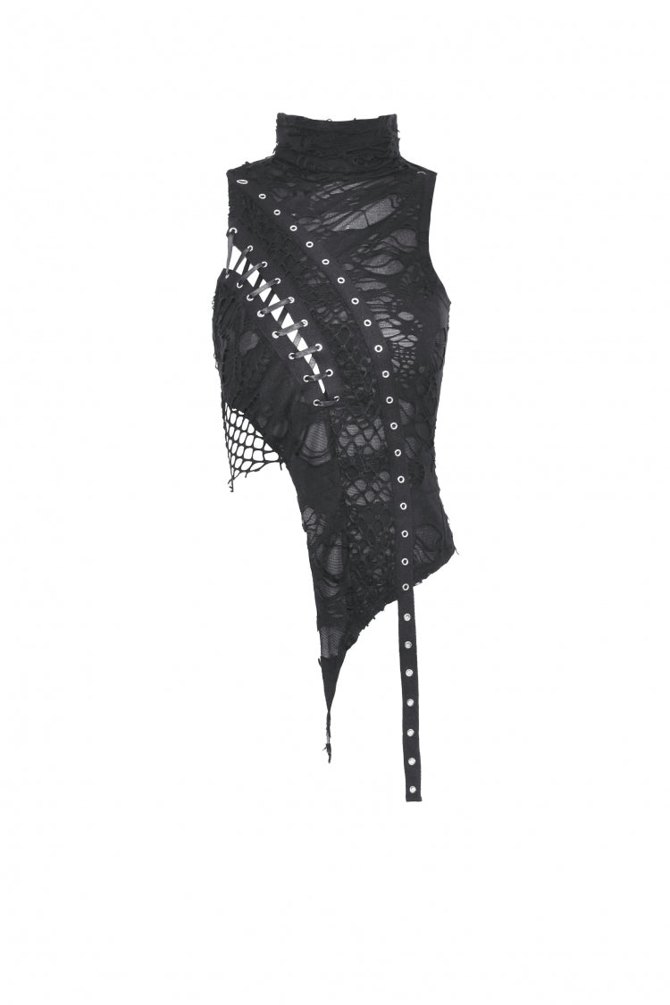 Black High Collar Sleeveless Irregular Asymmetric Lace-Up Eyelet Women's Punk Ripped Tank Top