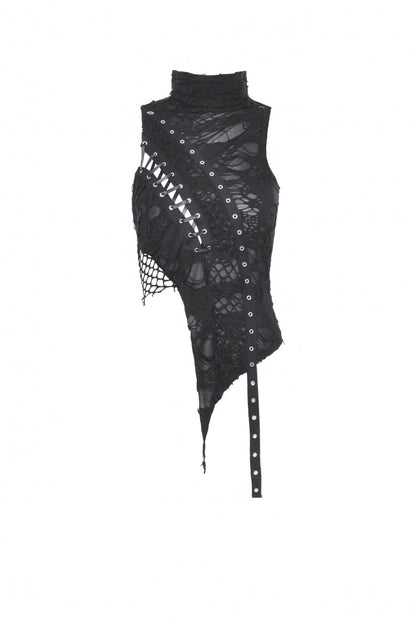 Black High Collar Sleeveless Irregular Asymmetric Lace-Up Eyelet Women's Punk Ripped Tank Top