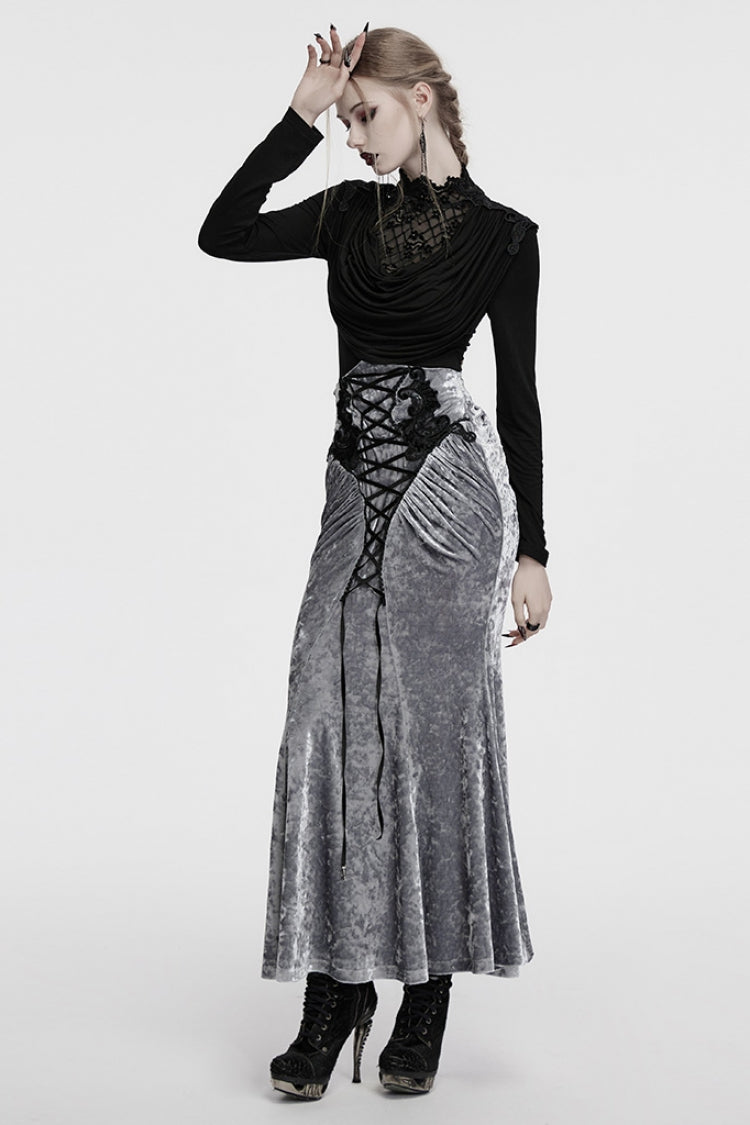 Black Long Sleeves Cowl Neck Stitching Lace Women's Gothic Blouse