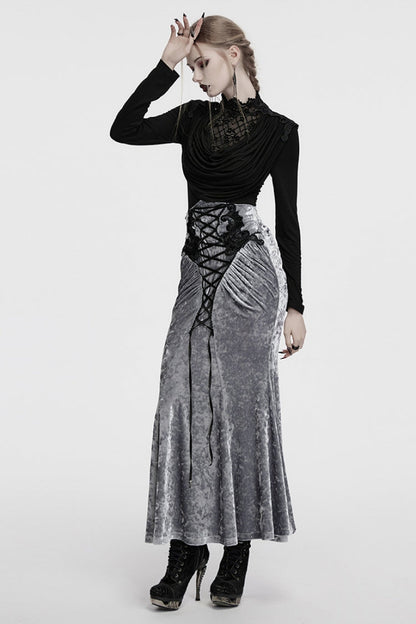 Black Long Sleeves Cowl Neck Stitching Lace Women's Gothic Blouse