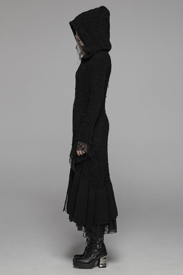 Black Long Sleeves Multi-layer Lace Hooded Women's Gothic Long Coat