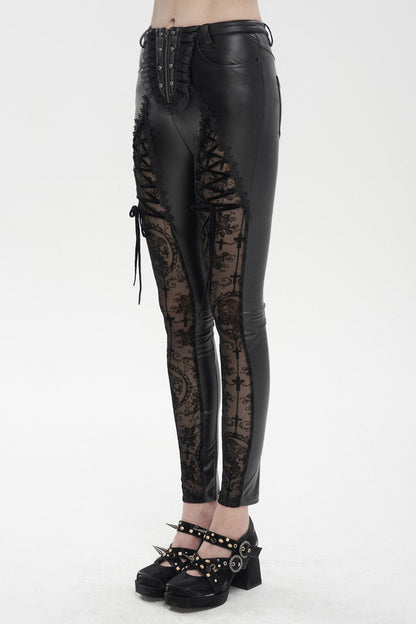 Black Flocked Stretch Slim Thigh Lace String Adjustable Women's Gothic Leggings