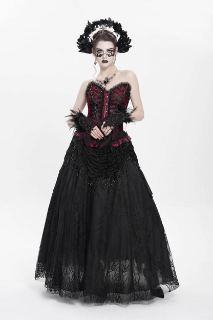 Black Floral Embroidered Beaded Women's Gothic Long Skirt