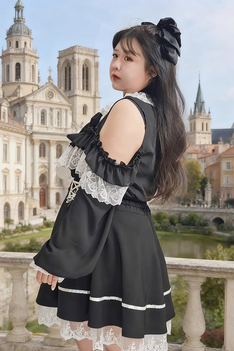 Black Off Shoulder Long Sleeves Ruffle Bowknot Lace Sweet Plus Size Princess Jirai Kei Skirt Blouse Set