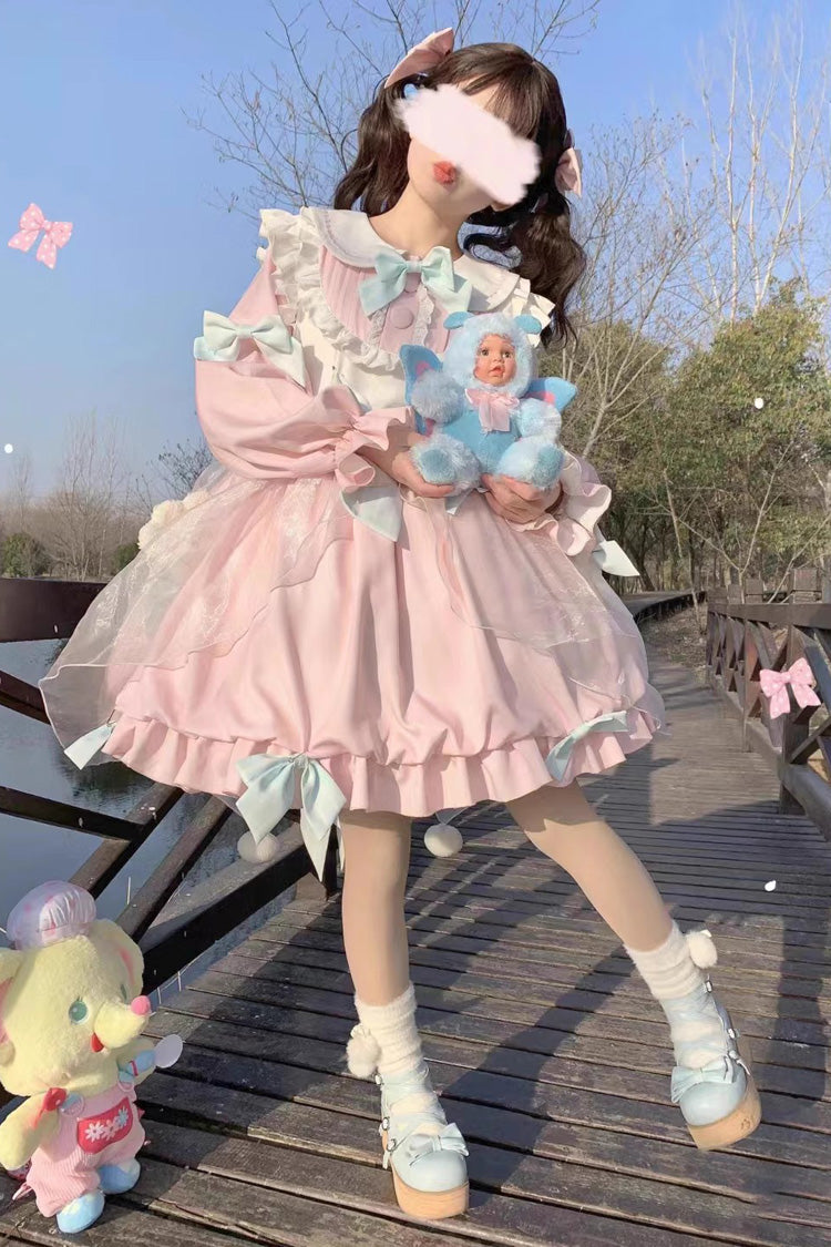 Bear Long Sleeves High Waisted Ruffle Bowknot Sweet Lolita Dress 3 Colors