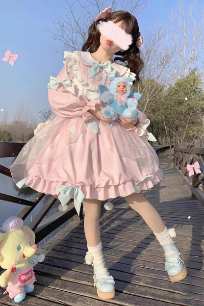 Bear Long Sleeves High Waisted Ruffle Bowknot Sweet Lolita Dress 3 Colors