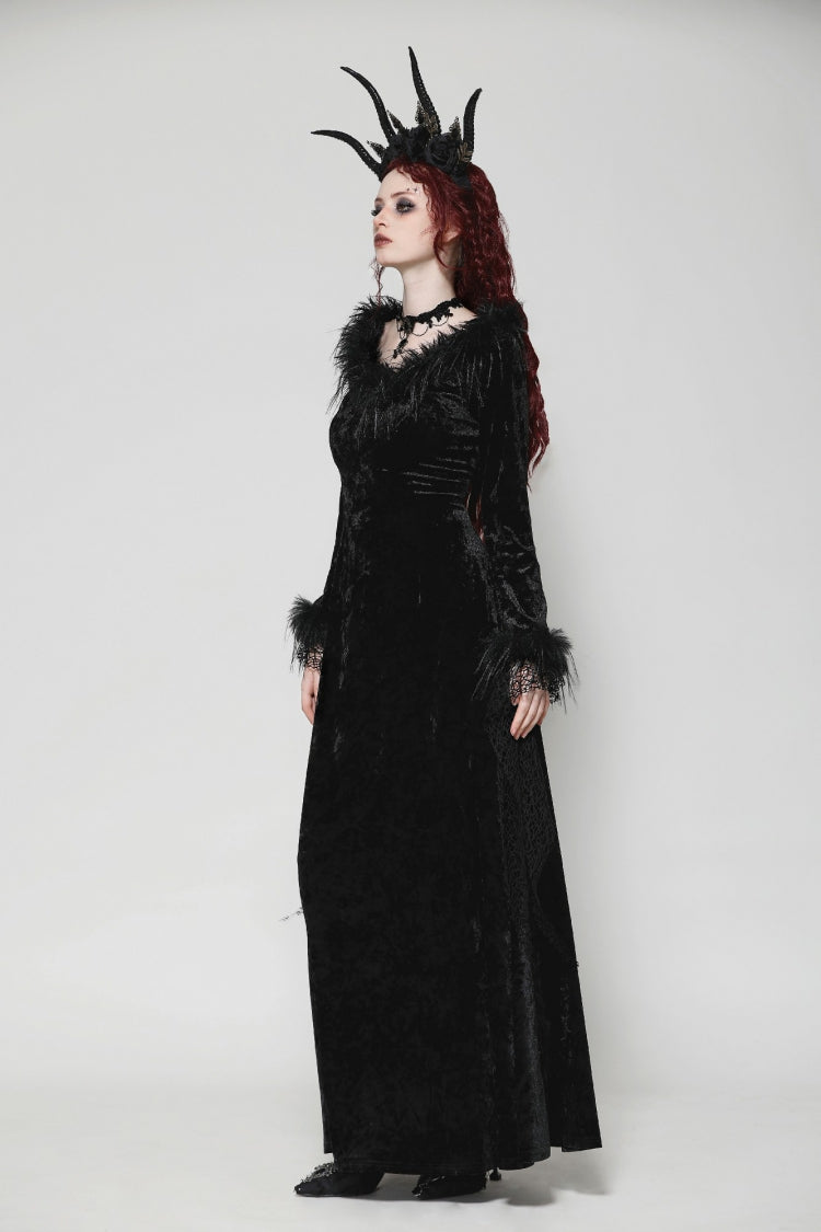 Black Long Sleeves Velvet Lace Women's Gothic Maxi Dress Wedding Dress