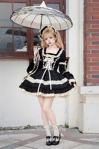 Black Chapter Seventh Night Short Sleeves Multi-layer Ruffle Bowknot Sweet Lolita Dress