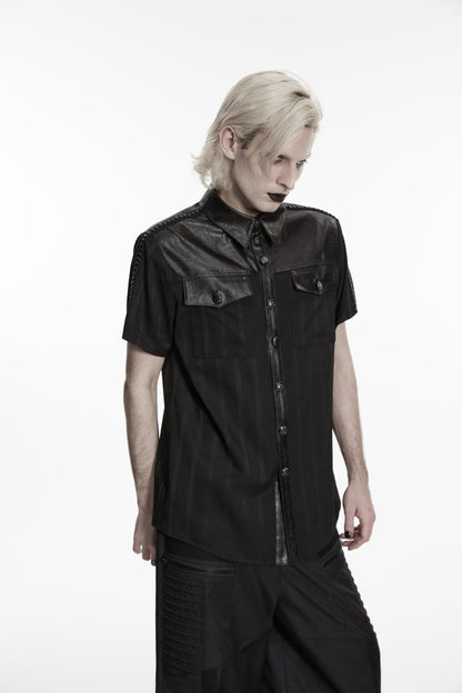 Black Lapel Collar Short Sleeves Spliced Men's Punk Shirt