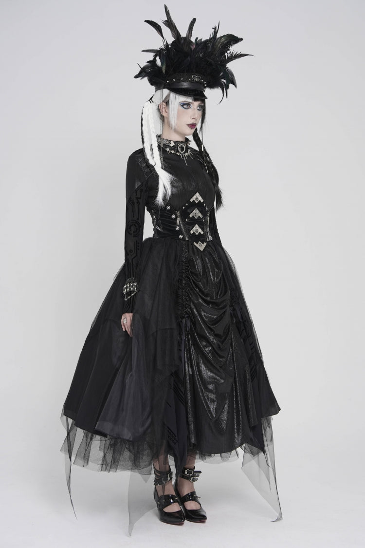 Black Multi-Layered Lace-Up Slim Irregular Asymmetric Eyelet Women's Gothic Long  Skirt