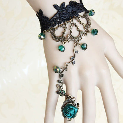 Black Lace Green Bead Gothic Lolita Bracelet Ring Jewelry