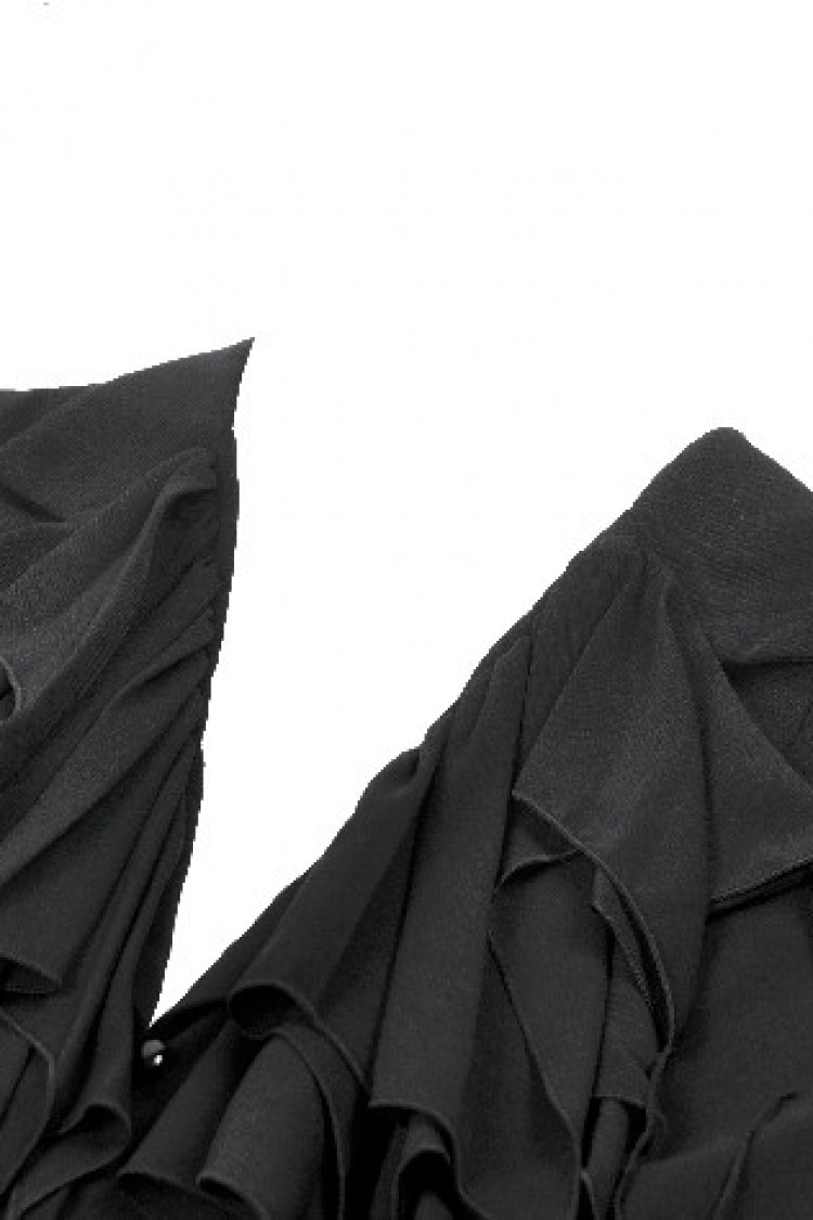 Black Multi-Layered Deep V Collar Pleated Short Puff Sleeves Lace-Up Gothic Blouse