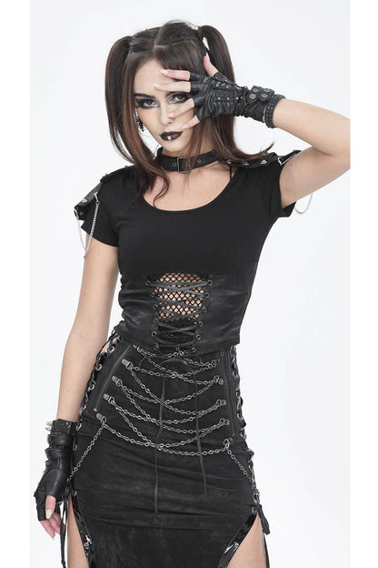 Black Cutout Mesh Short Sleeve Crop Womens Punk Top