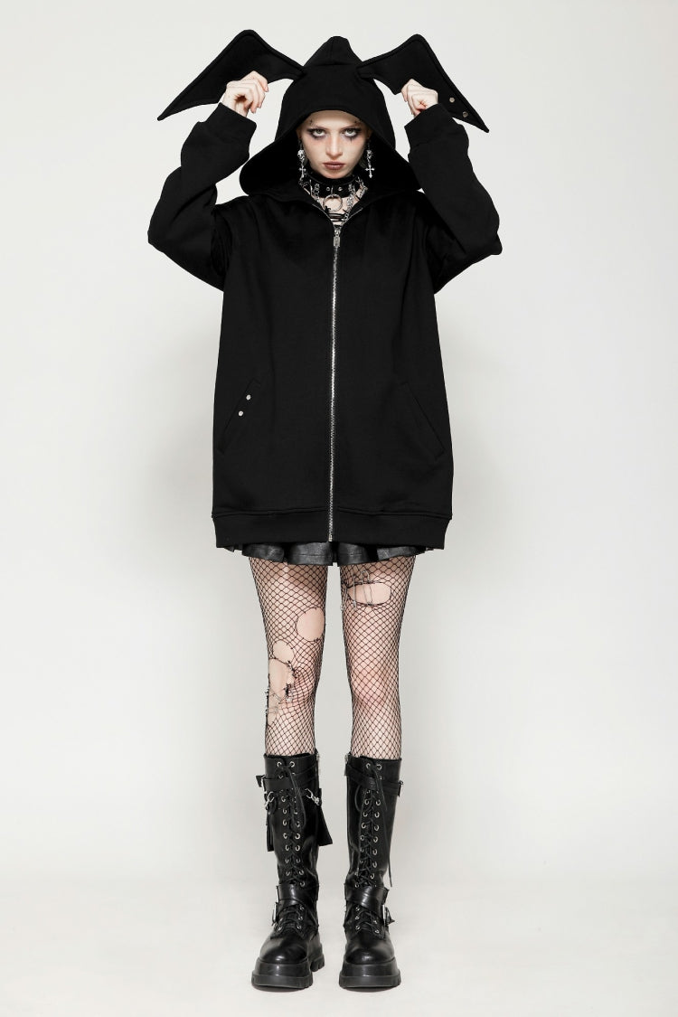 Black Long Sleeves Zippered Women's Gothic Batwing Hoodie