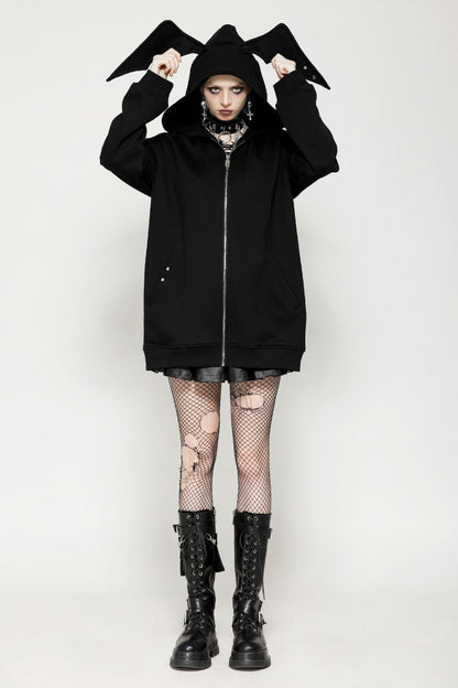 Black Long Sleeves Zippered Women's Gothic Batwing Hoodie