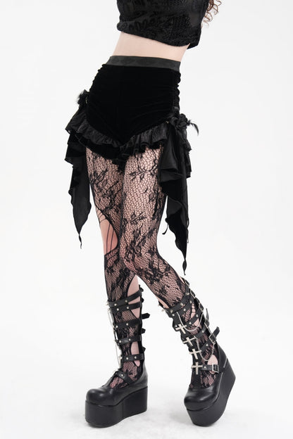 Black Plumed Ruffle Mesh Women's Gothic Shorts